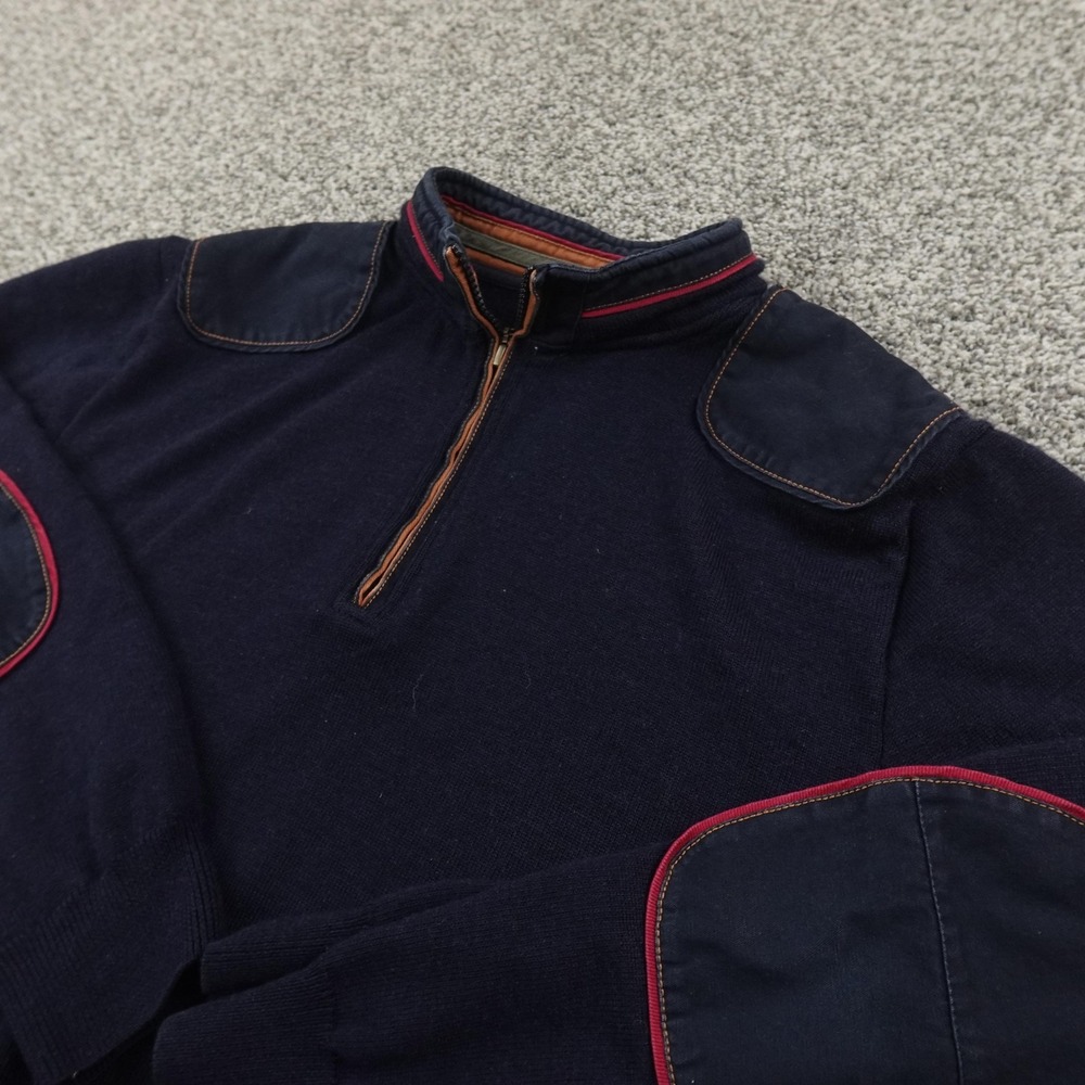 Orvis Sweater Mens M Blue Merino Wool 1/4 Zip Commando Pullover Elbow Patch Hike